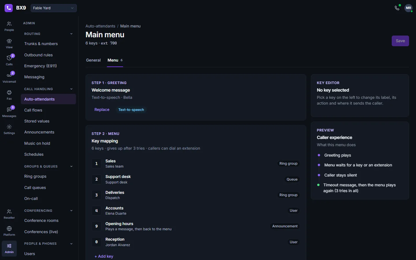 The BX9 auto-attendant editor in dark mode: the spoken greeting, six menu keys each with its destination, and a panel describing what a caller experiences.