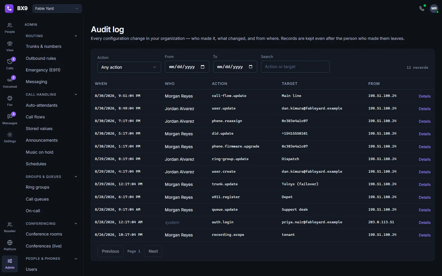 The BX9 audit log in dark mode: a filterable list of configuration changes with when, who, what changed and the address it came from.