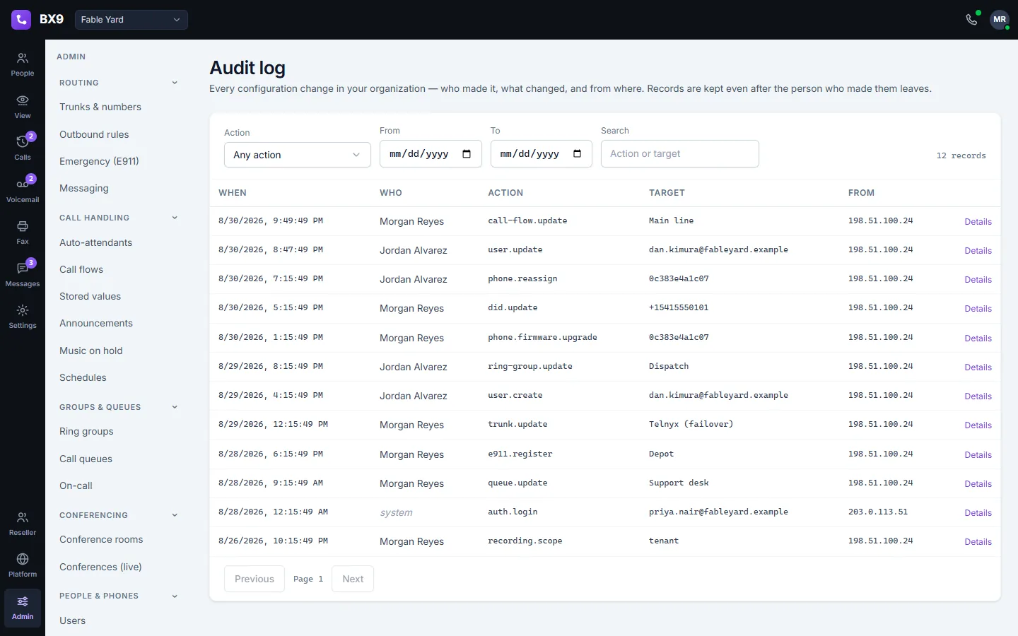 The BX9 audit log: a filterable list of configuration changes with when, who, what changed and the address it came from.