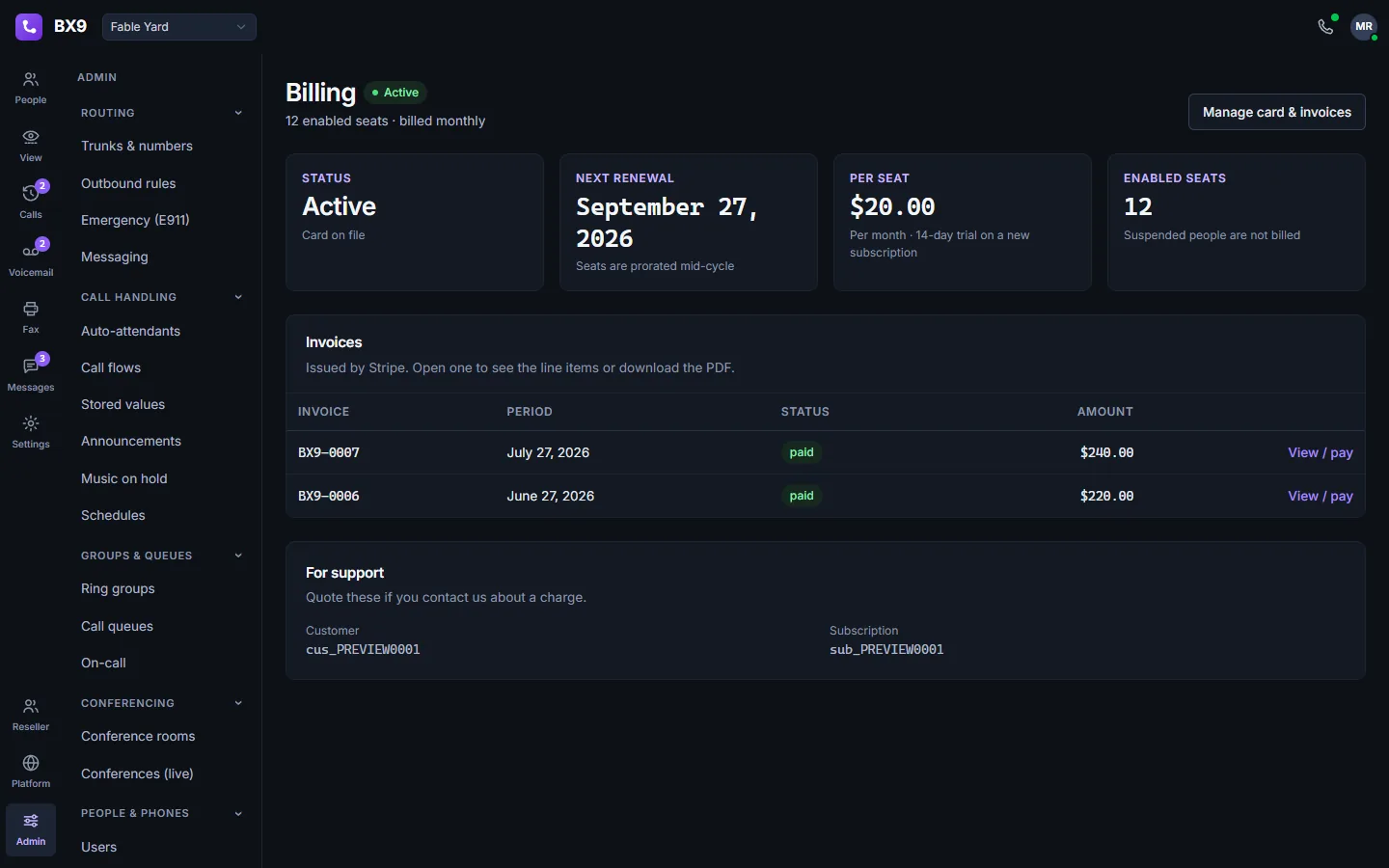 The BX9 billing page in dark mode: subscription status, next renewal date, per-seat price, enabled seat count, and a table of paid invoices.