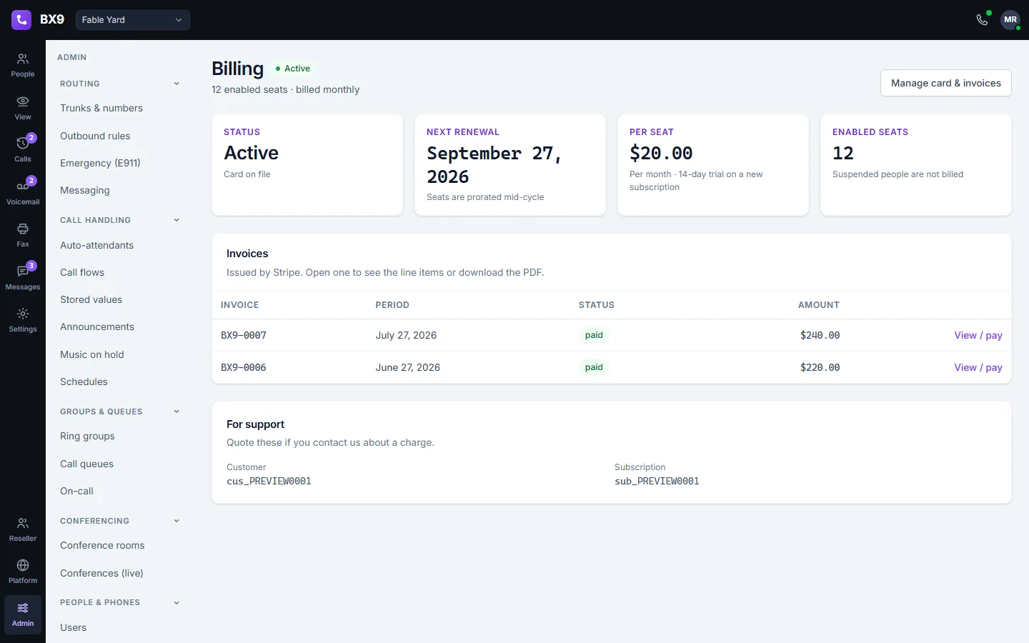 The BX9 billing page: subscription status, next renewal date, per-seat price, enabled seat count, and a table of paid invoices.