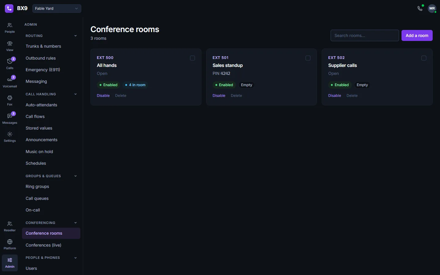 BX9 conference rooms in dark mode: three meet-me rooms on extensions 500 to 502, one with four people in it and one with a PIN.