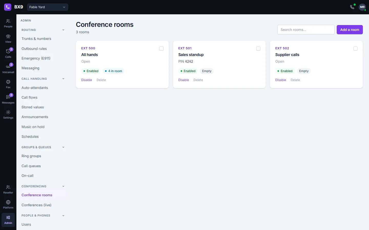 BX9 conference rooms: three meet-me rooms on extensions 500 to 502, one with four people in it and one with a PIN.