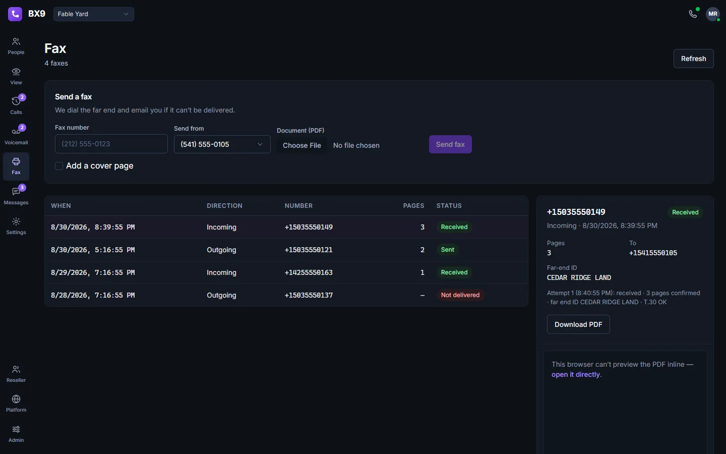 The BX9 fax page in dark mode: a send form that takes a PDF, a list of sent and received faxes, and one open showing every attempt and the far machine's identifier.
