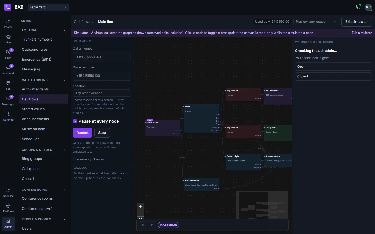 The BX9 call-flow simulator in dark mode running a virtual call through the same graph, paused at the office-hours check and asking whether the office is open or closed.