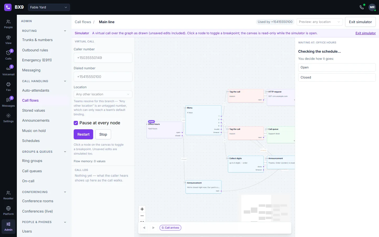 The BX9 call-flow simulator running a virtual call through the same graph, paused at the office-hours check and asking whether the office is open or closed.