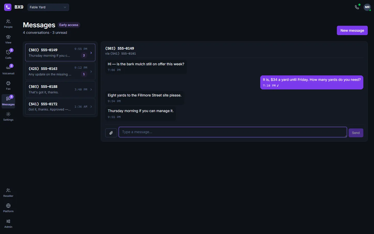 The BX9 message inbox in dark mode: text conversations on the company's phone numbers, with one thread open and its messages shown as a conversation.