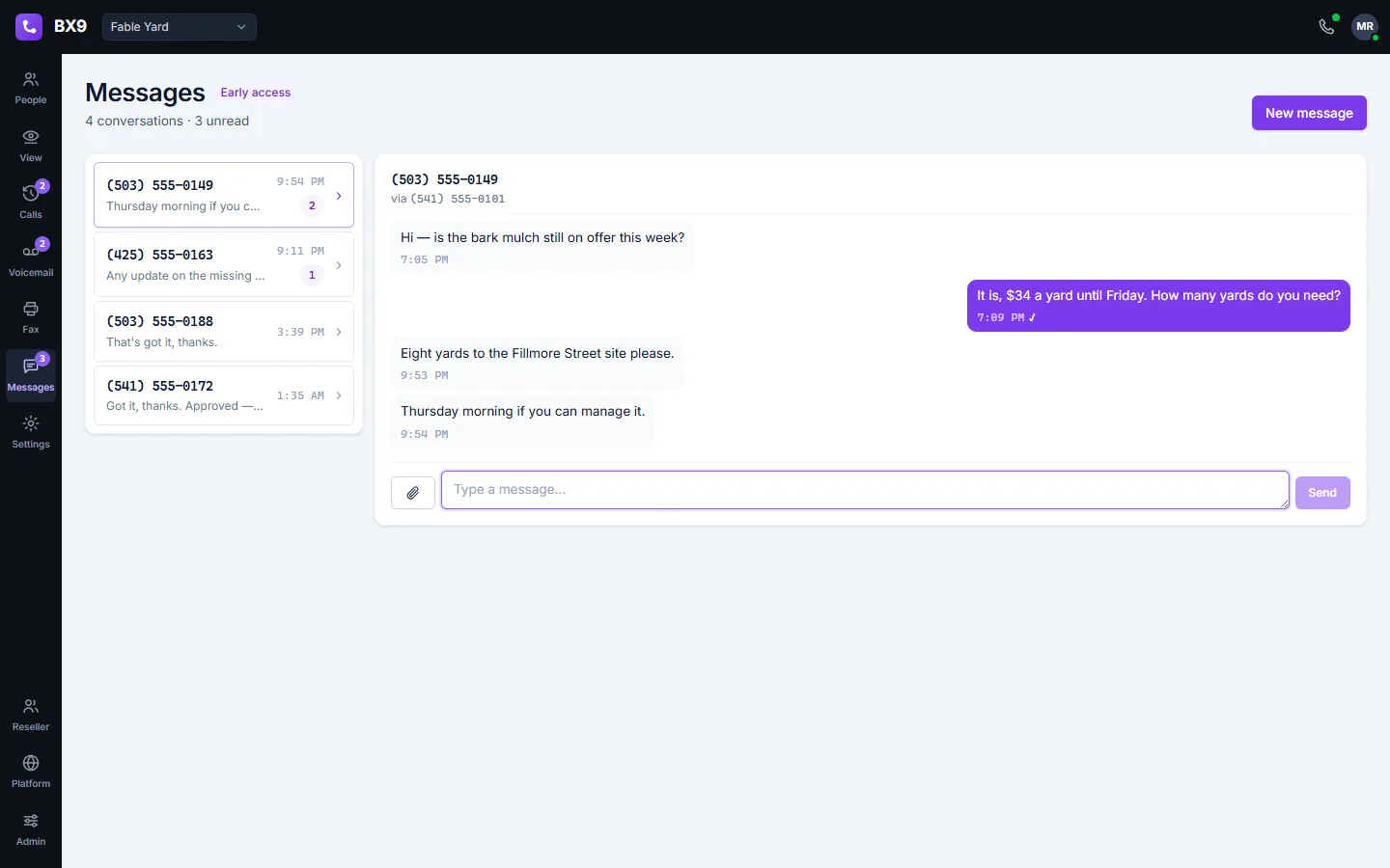 The BX9 message inbox: text conversations on the company's phone numbers, with one thread open and its messages shown as a conversation.