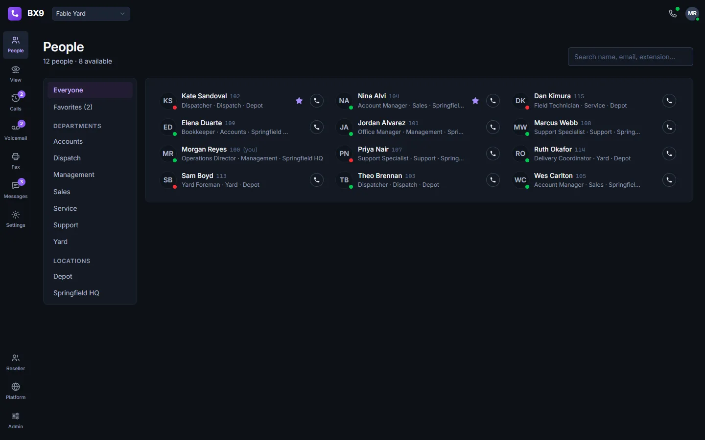 The BX9 People directory in dark mode: twelve colleagues as cards with extension, job title, department and location, a presence dot each, and a Call button on every row.
