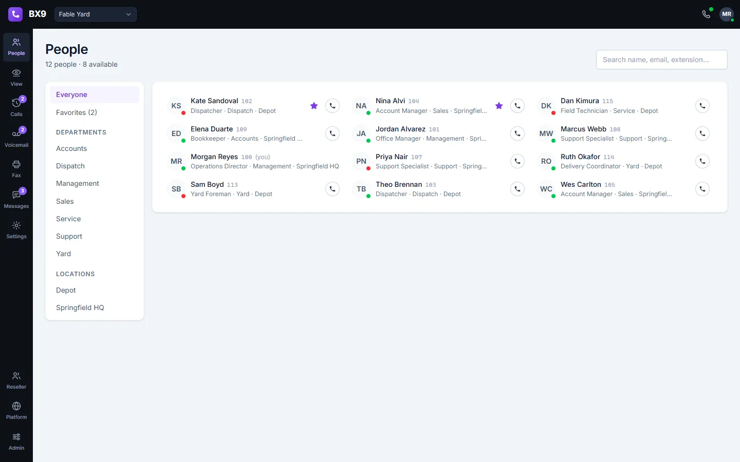 The BX9 People directory: twelve colleagues as cards with extension, job title, department and location, a presence dot each, and a Call button on every row.