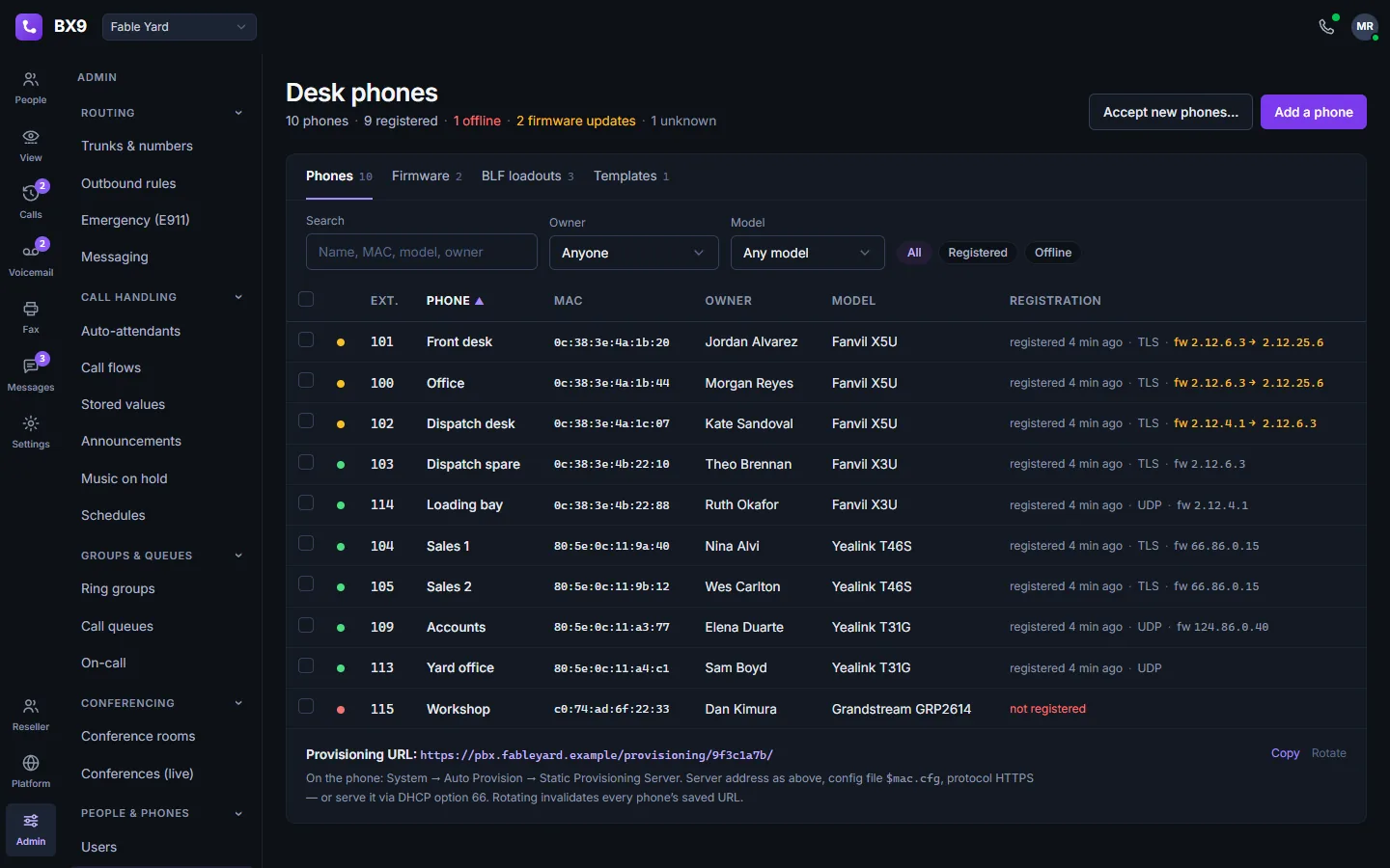 The BX9 desk-phone fleet in dark mode: ten handsets with owner, MAC, model, firmware version and registration state, plus the provisioning URL to point them at.