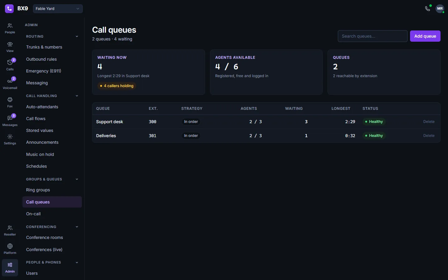 BX9 call queues in dark mode: how many callers are holding, the longest wait, how many agents are logged in, and a row per queue.