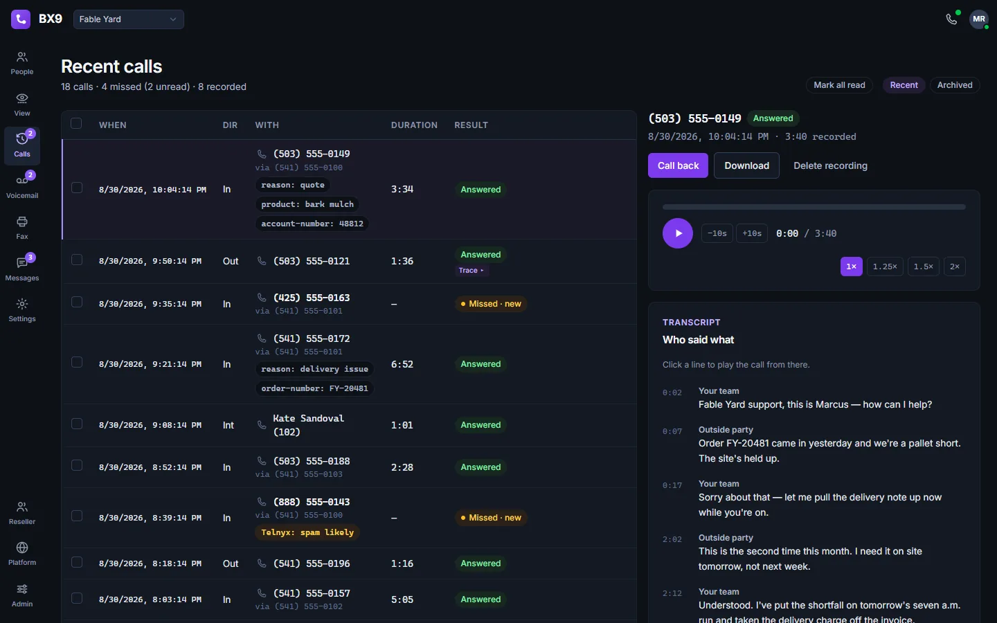 A person's recent calls in BX9 in dark mode, with one call opened beside the list: its recording player, and a transcript labelled by speaker.