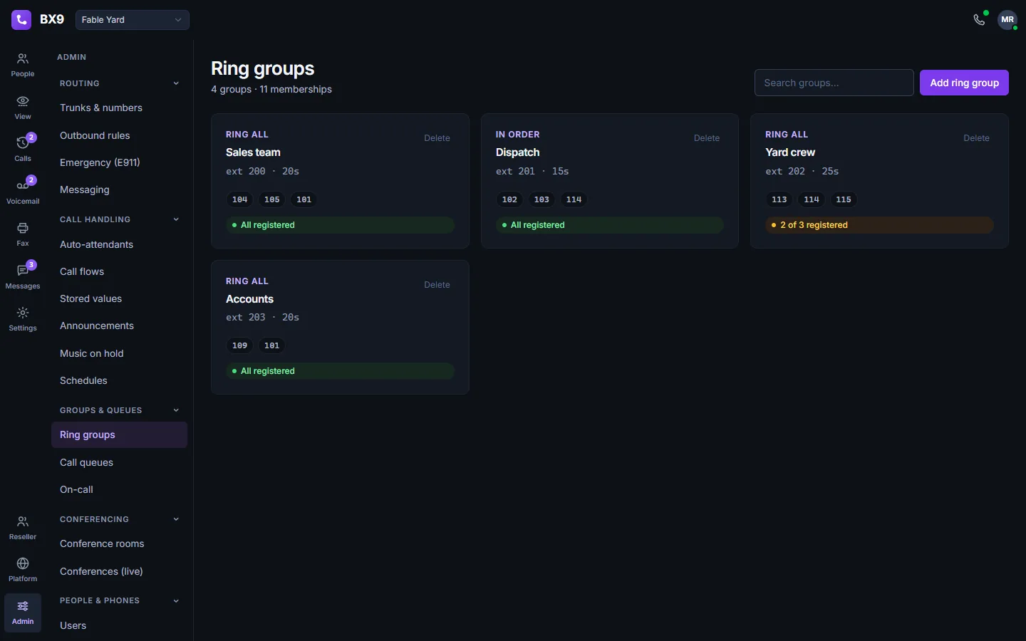 BX9 ring groups in dark mode: four groups as cards showing ring strategy, timeout, member extensions and how many of them are registered.