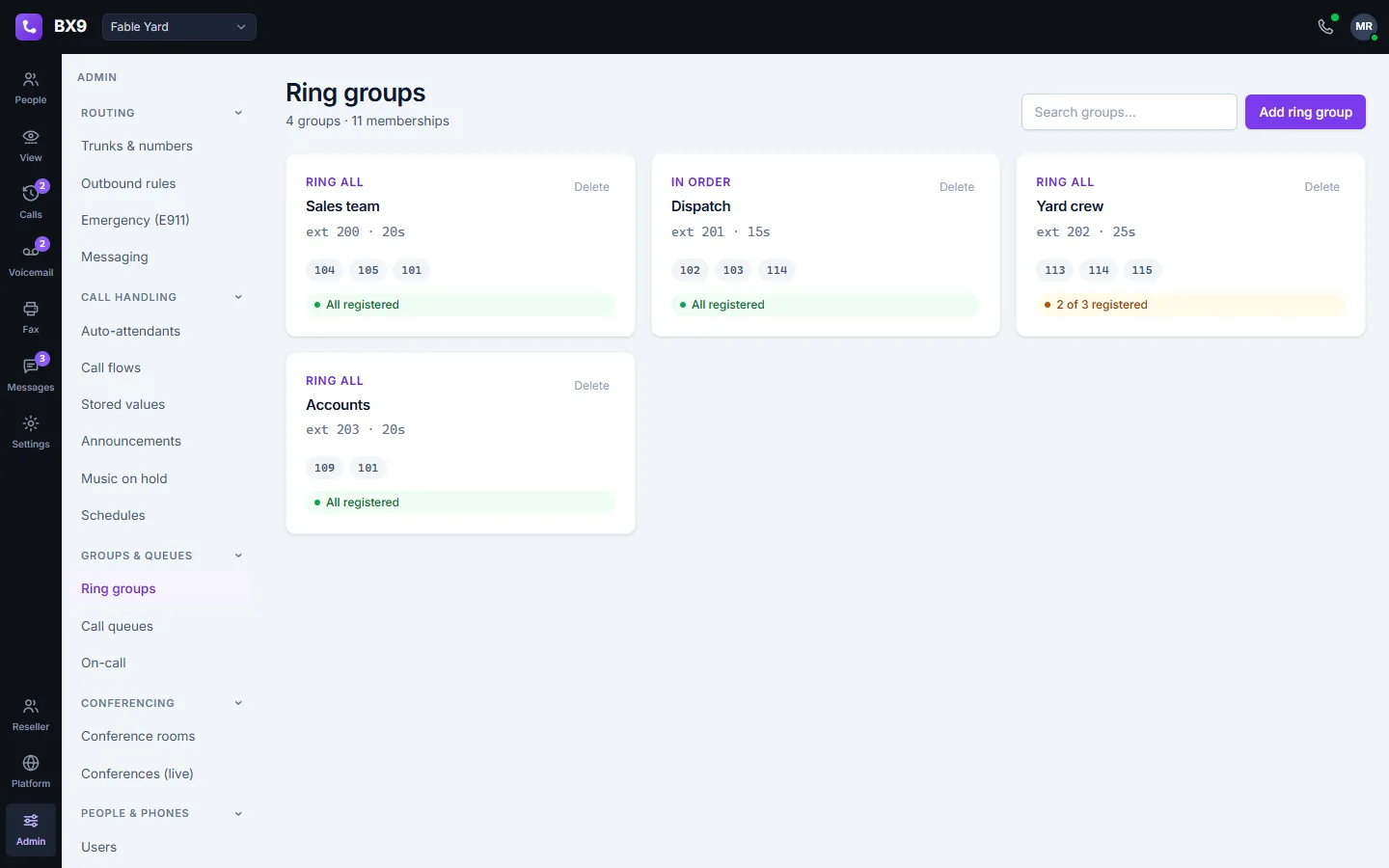BX9 ring groups: four groups as cards showing ring strategy, timeout, member extensions and how many of them are registered.