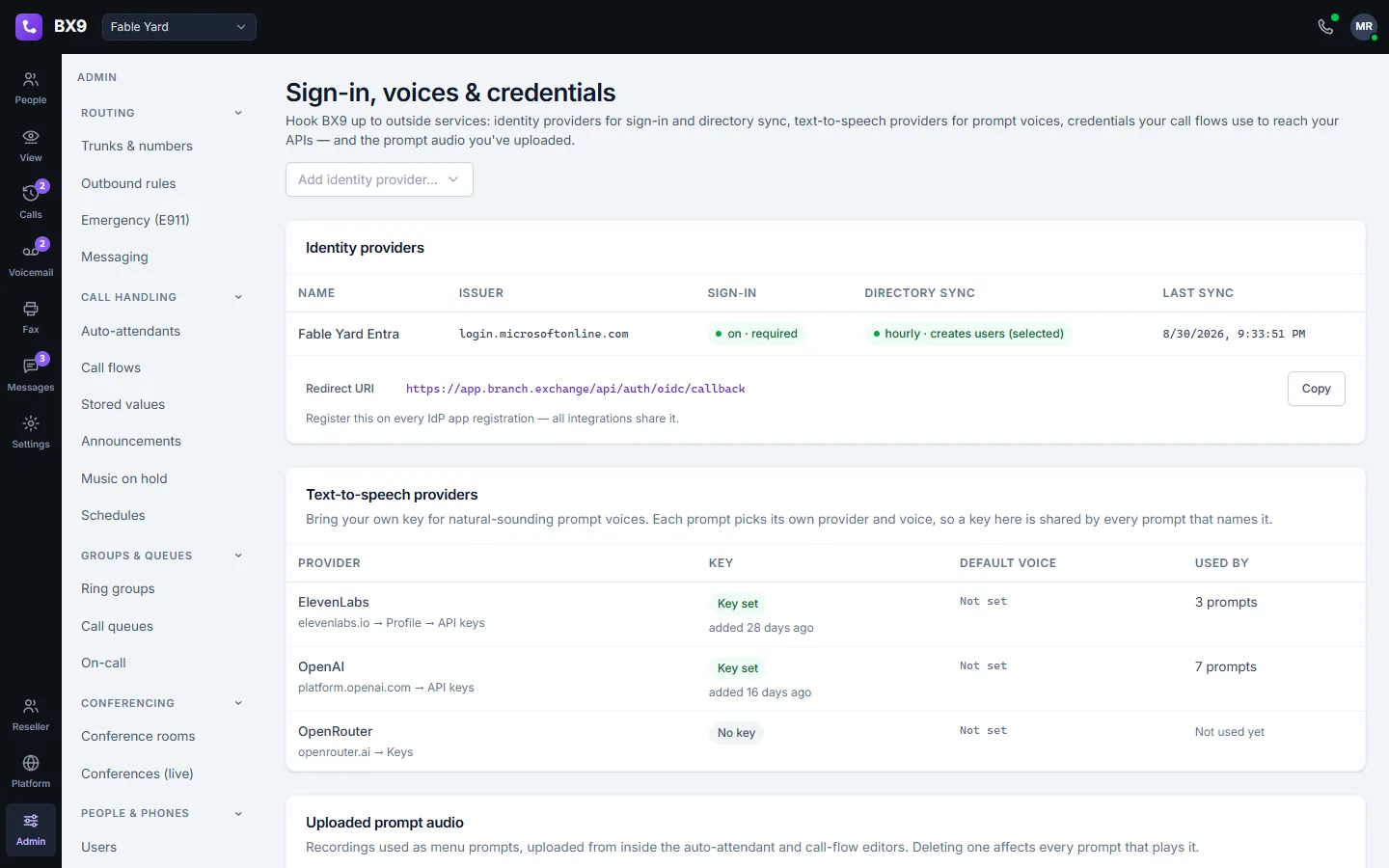 BX9 sign-in settings: an identity provider with enforced single sign-on and hourly directory sync, plus the text-to-speech providers used for prompt voices.