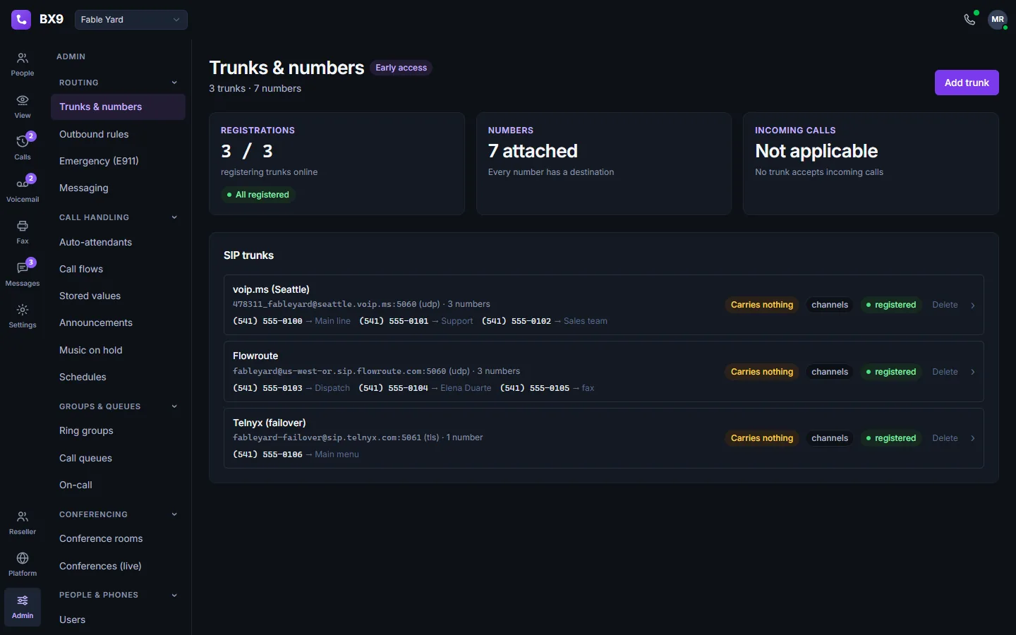 BX9 trunks and numbers in dark mode: three SIP carriers with registration status, and under each one the phone numbers it carries and where they land.