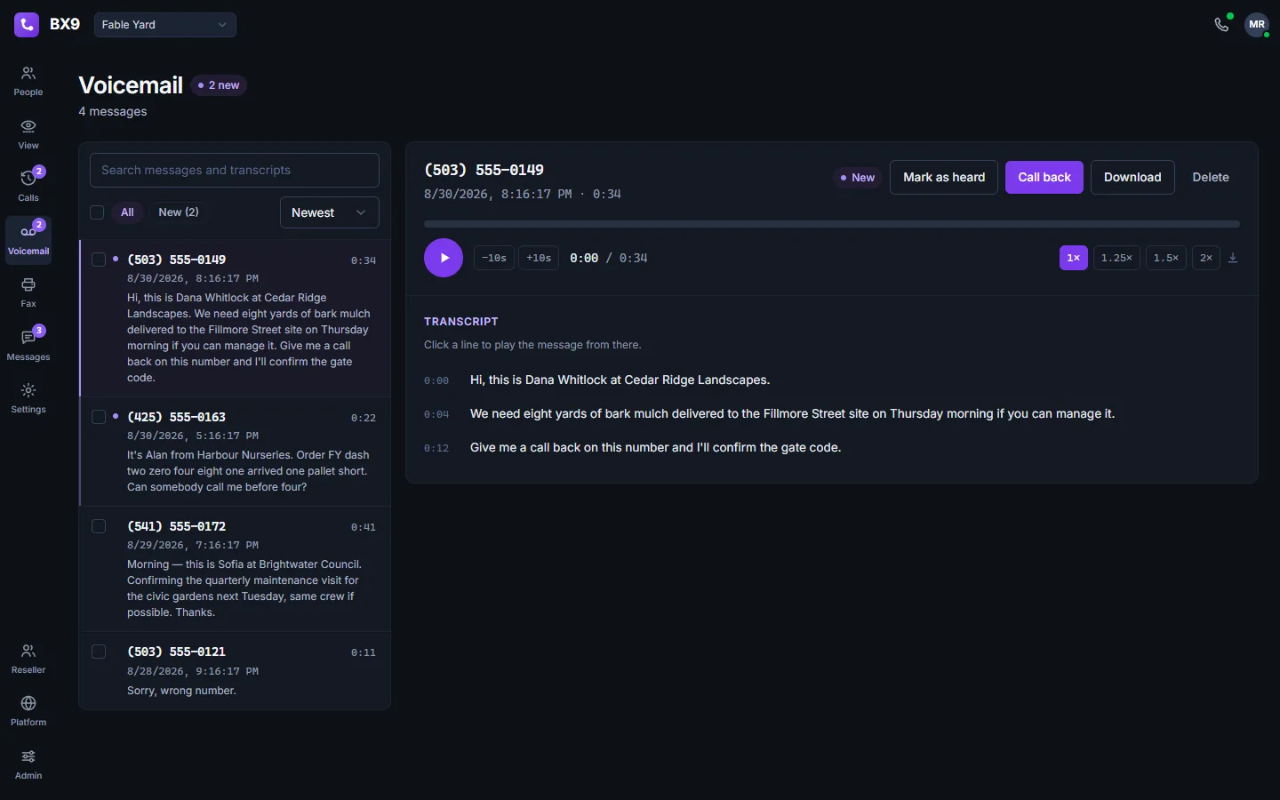 The BX9 voicemail inbox in dark mode: four messages with their transcripts, one open with a player and timed transcript lines.